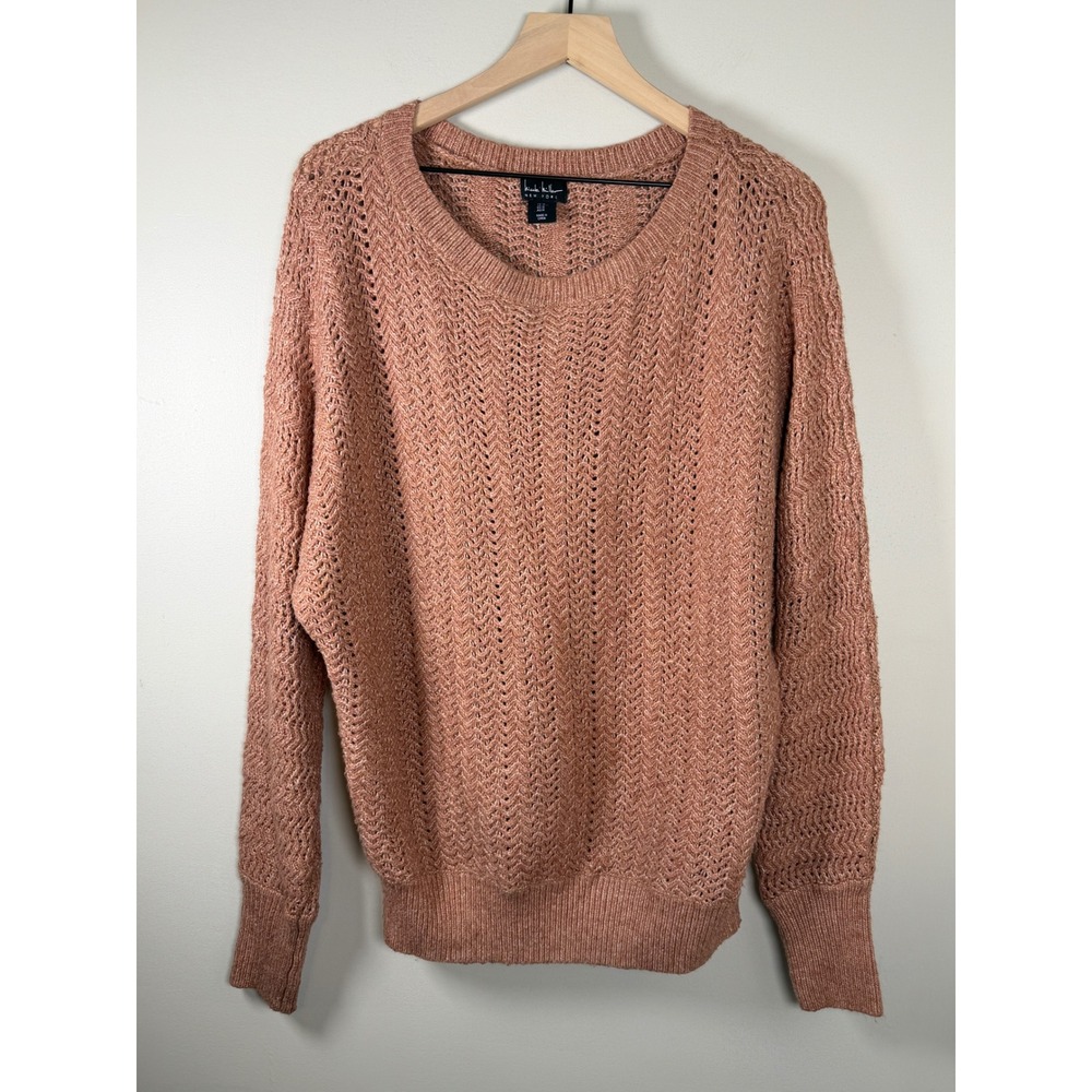 Nicole Miller Sweater Womens Medium Blush Pink Open Knit Chevron Pointelle